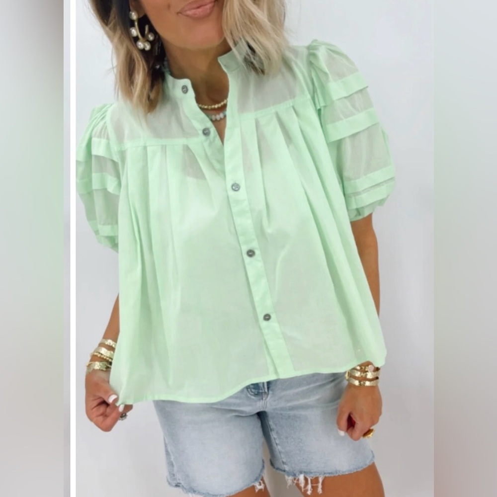 Olivaceous Light Green Blouse with Puff Sleeves
